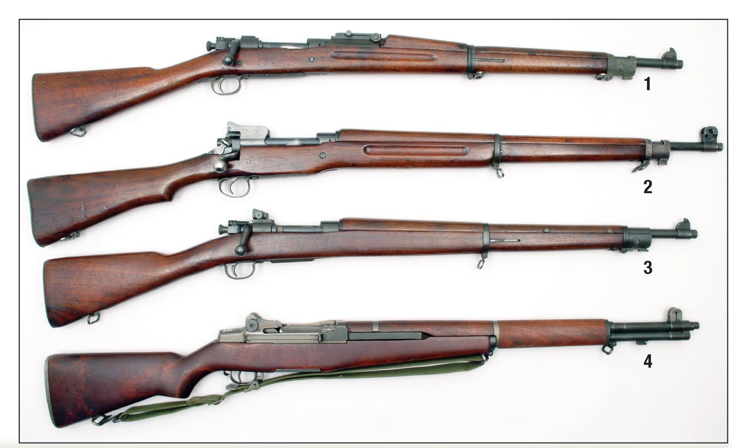 These four rifles were the most abundant .30-06 infantry rifles used by American troops between 1906 and the late 1950s: (1) Model 1903, (2) Model 1917, (3) Model 1903A3 and (4) M1.